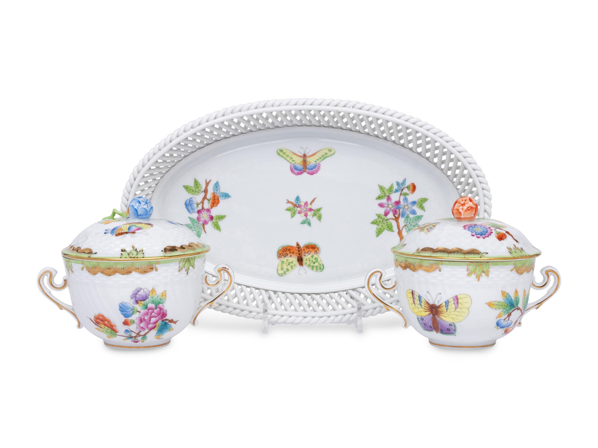 A Set of Twelve Herend Queen Victoria Porcelain Covered Bowls and a Tray