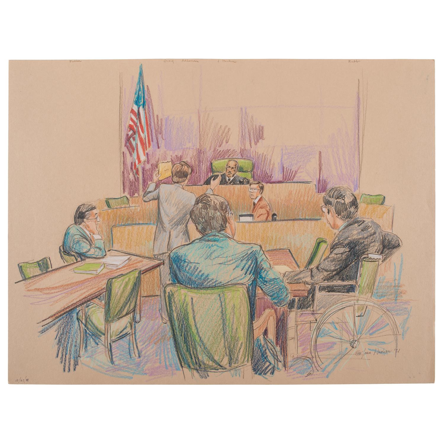 Joan Andrew, Washington Post and CNN Sketch Artist, 24 Original Sketches Documenting the Trial of John Hinckley, Jr., For his Attempted Assassination of Ronald Reagan