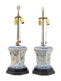 A Pair of Chinese Export Famille Rose Porcelain Tulipières Mounted as Lamps