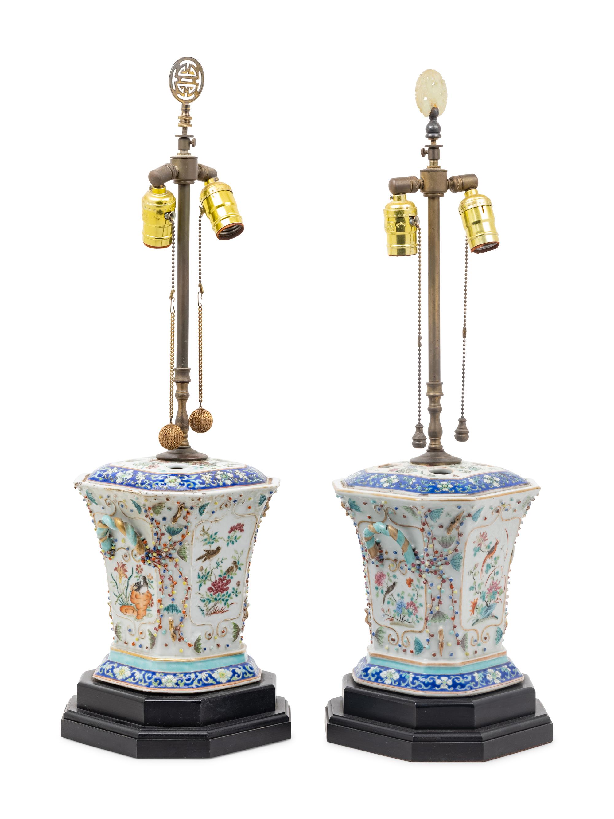 A Pair of Chinese Export Famille Rose Porcelain Tulipières Mounted as Lamps