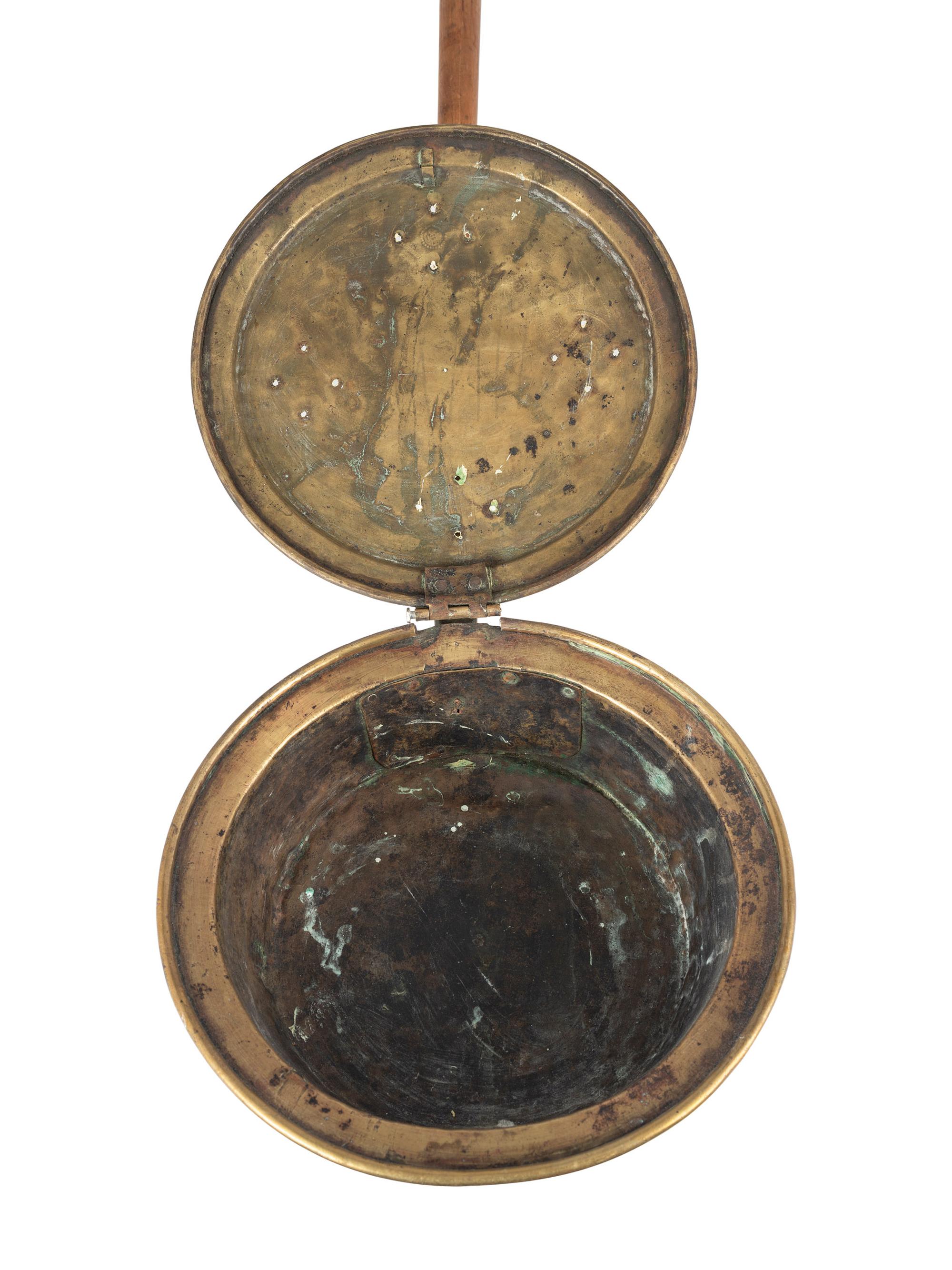 Three Engraved Brass and Turned Walnut Bed Warmers