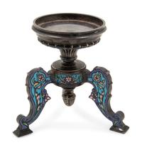 A Continental Silvered Metal and Enamel Tripod Stand