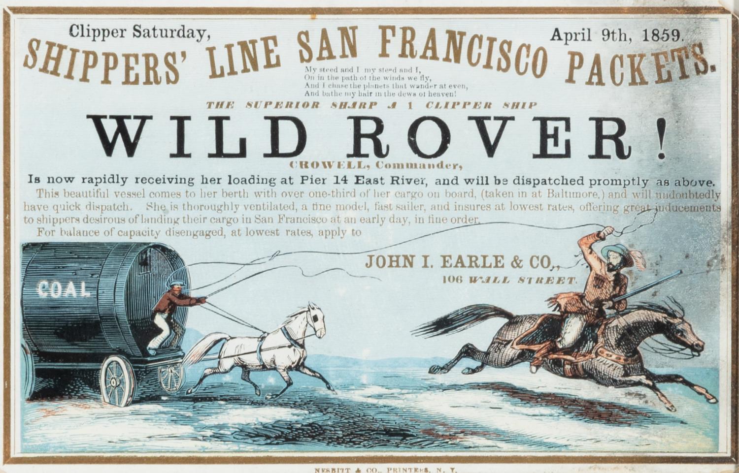 [Clipper Ship Sailing Card]. Wild Rover! New York: Nesbitt & Co., 1859.