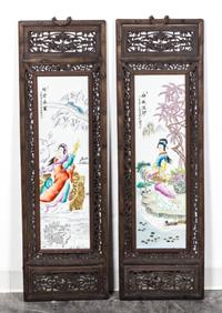 A Set of Four Famille Rose Porcelain Plaques Height of plaque 28 3/4 x width 8 1/4 inches.