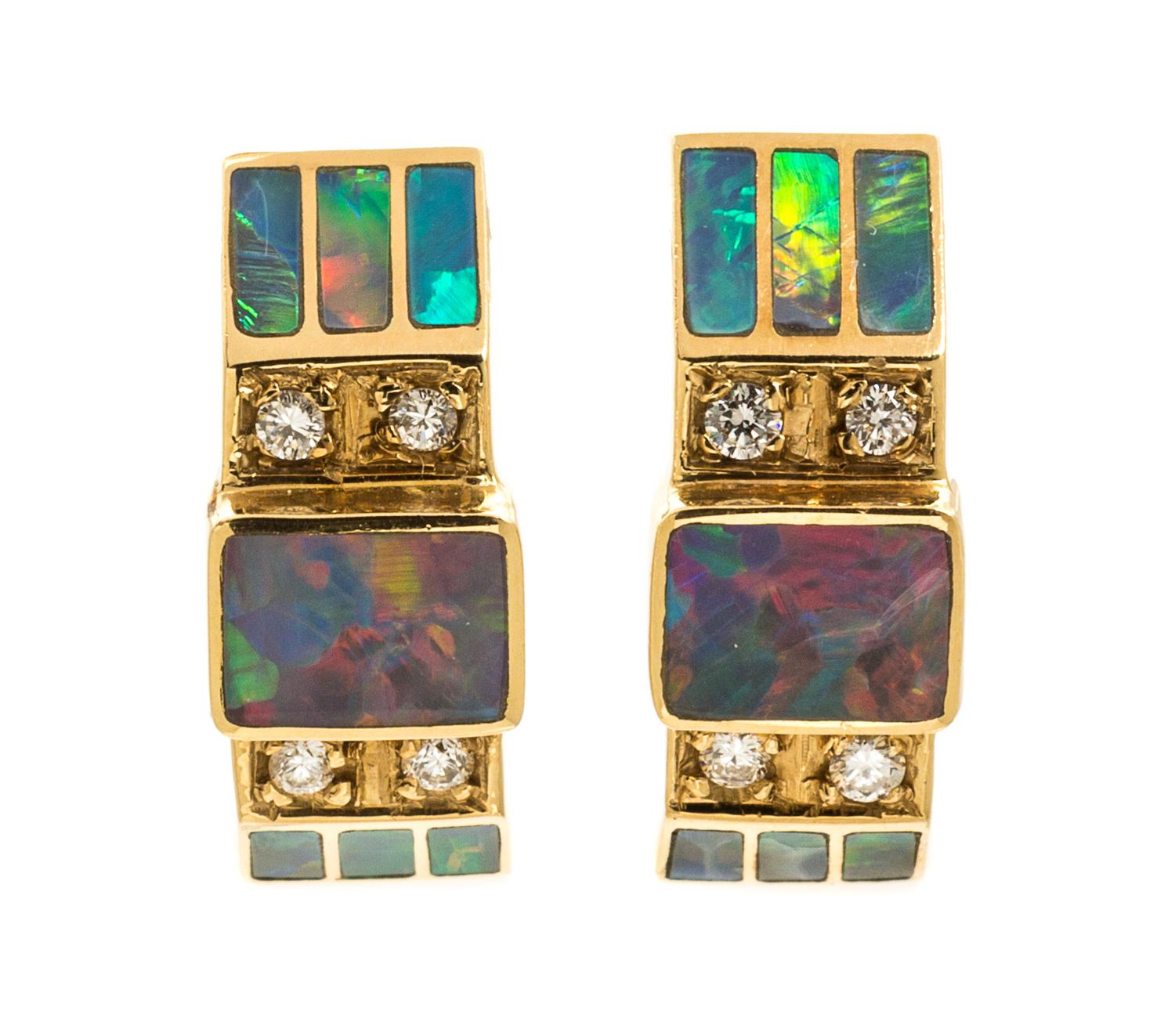 A Pair of 18 Karat Yellow Gold, Opal and Diamond Earrings, David Freeland, Jr., 4.20 dwts.
