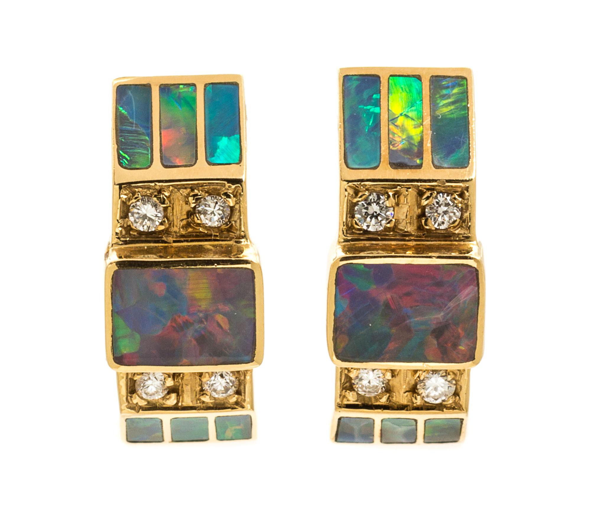 A Pair of 18 Karat Yellow Gold, Opal and Diamond Earrings, David Freeland, Jr., 4.20 dwts.