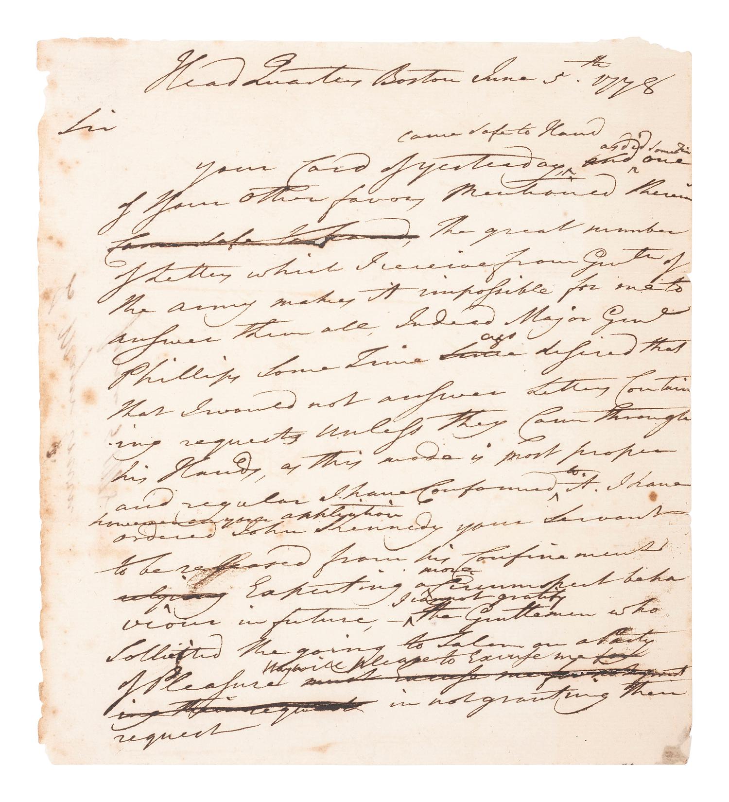 [REVOLUTIONARY WAR]. HEATH, General William (1737-1814). Letter from General Heath, 1778.