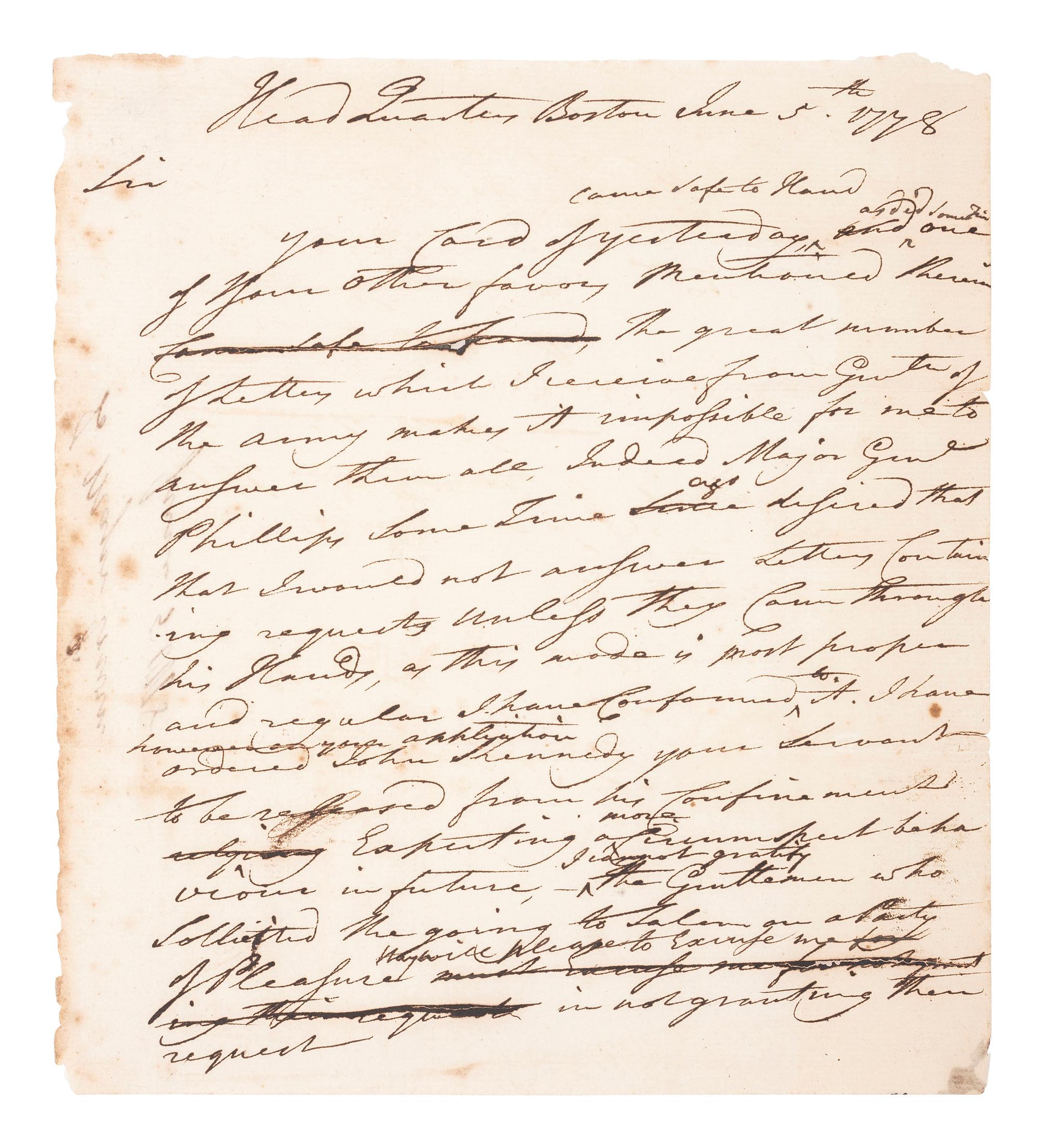 [REVOLUTIONARY WAR]. HEATH, General William (1737-1814). Letter from General Heath, 1778.