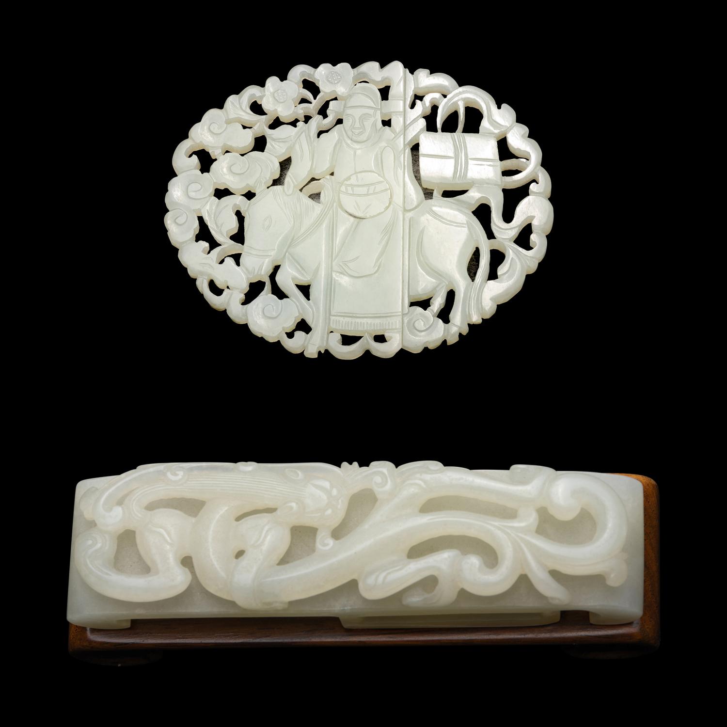A Chinese Carved White Jade Joined Roundel and a White Jade "Dragon" Buckle, Qing Dynasty 清 白玉龍鈎及帶扣