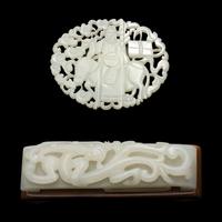 A Chinese Carved White Jade Joined Roundel and a White Jade "Dragon" Buckle, Qing Dynasty 清 白玉龍鈎及帶扣