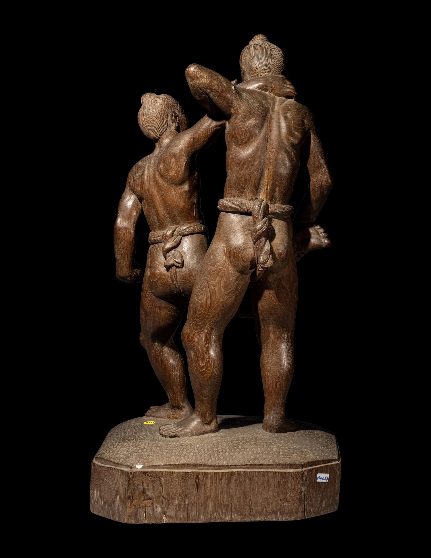 A Large Japanese Carved Wood Figural Group of Wrestlers