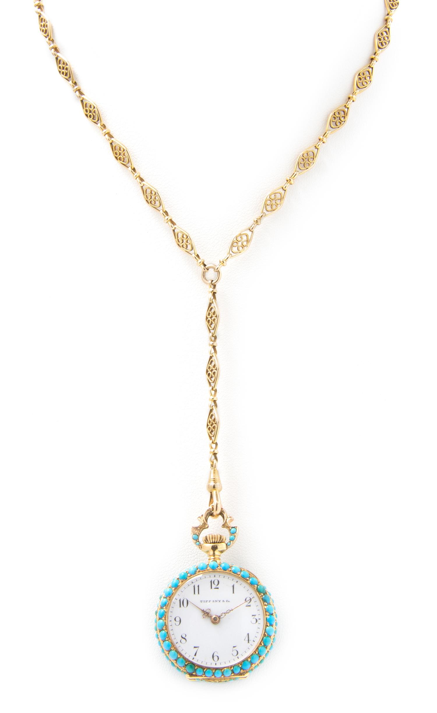 An 18 Karat Yellow Gold, Turquoise and Diamond Open Face Pendant Watch, Tiffany & Co., Circa 1902, 22.60 dwts.