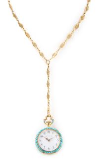 An 18 Karat Yellow Gold, Turquoise and Diamond Open Face Pendant Watch, Tiffany & Co., Circa 1902, 22.60 dwts.