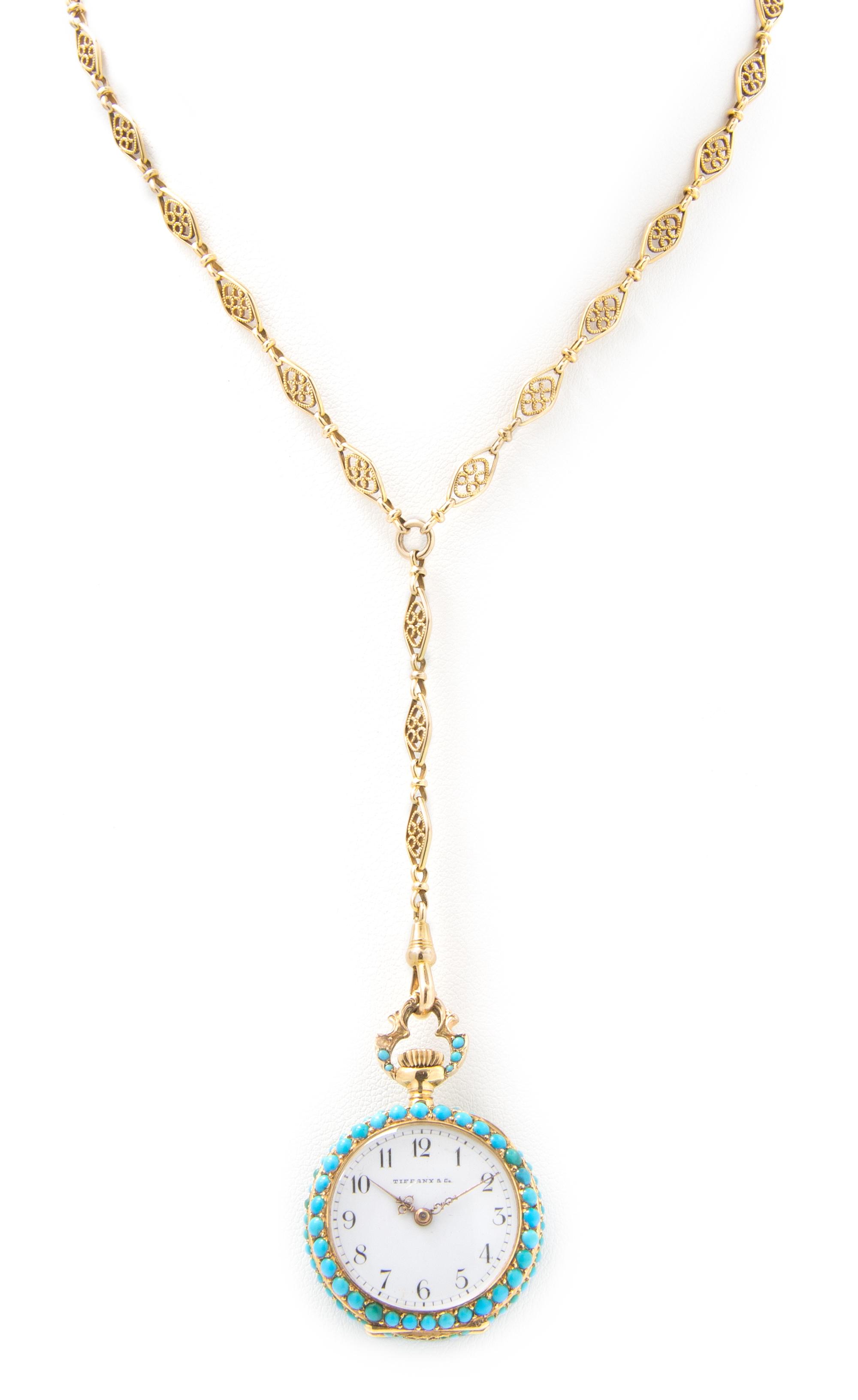 An 18 Karat Yellow Gold, Turquoise and Diamond Open Face Pendant Watch, Tiffany & Co., Circa 1902, 22.60 dwts.