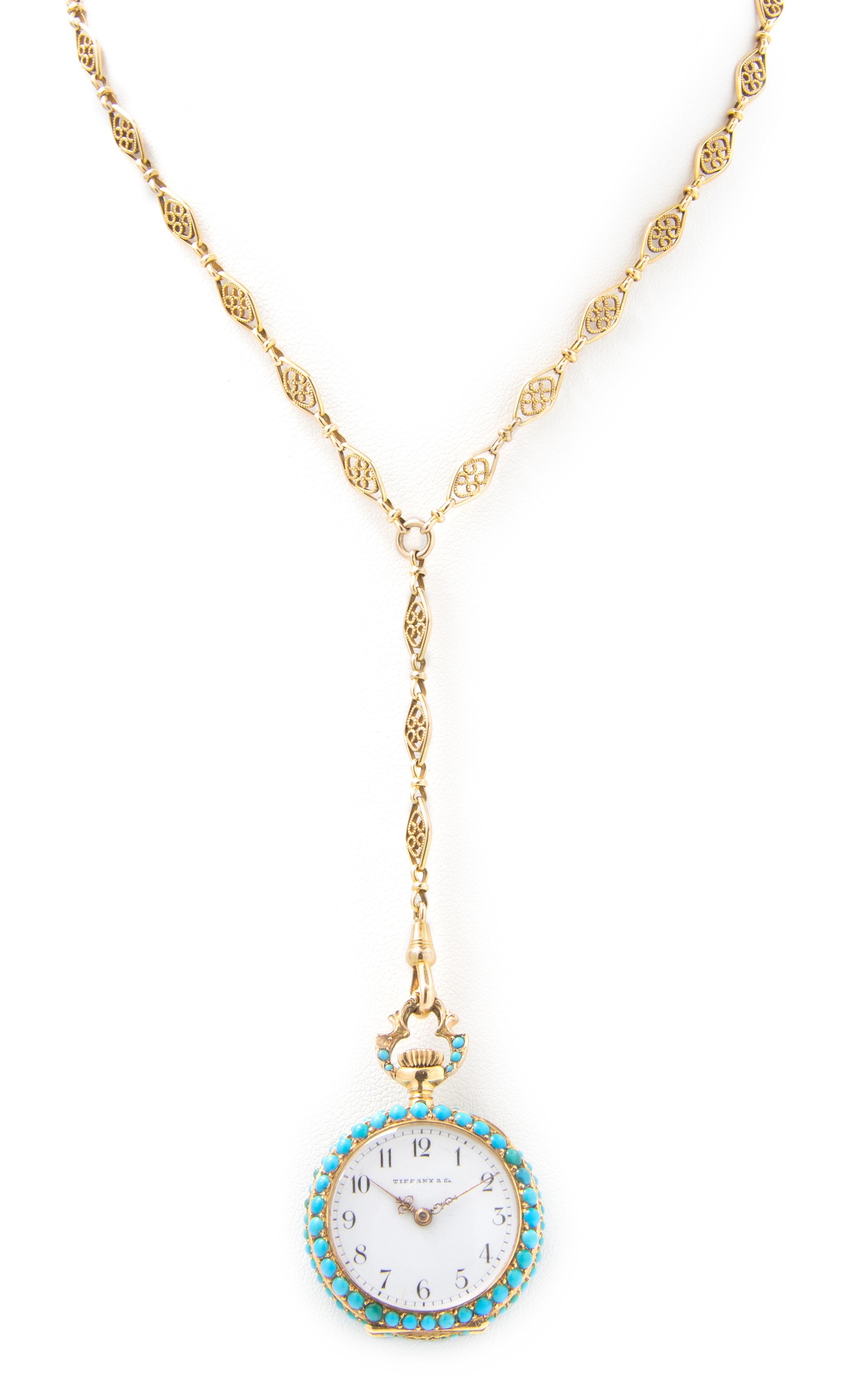 An 18 Karat Yellow Gold, Turquoise and Diamond Open Face Pendant Watch, Tiffany & Co., Circa 1902, 22.60 dwts.