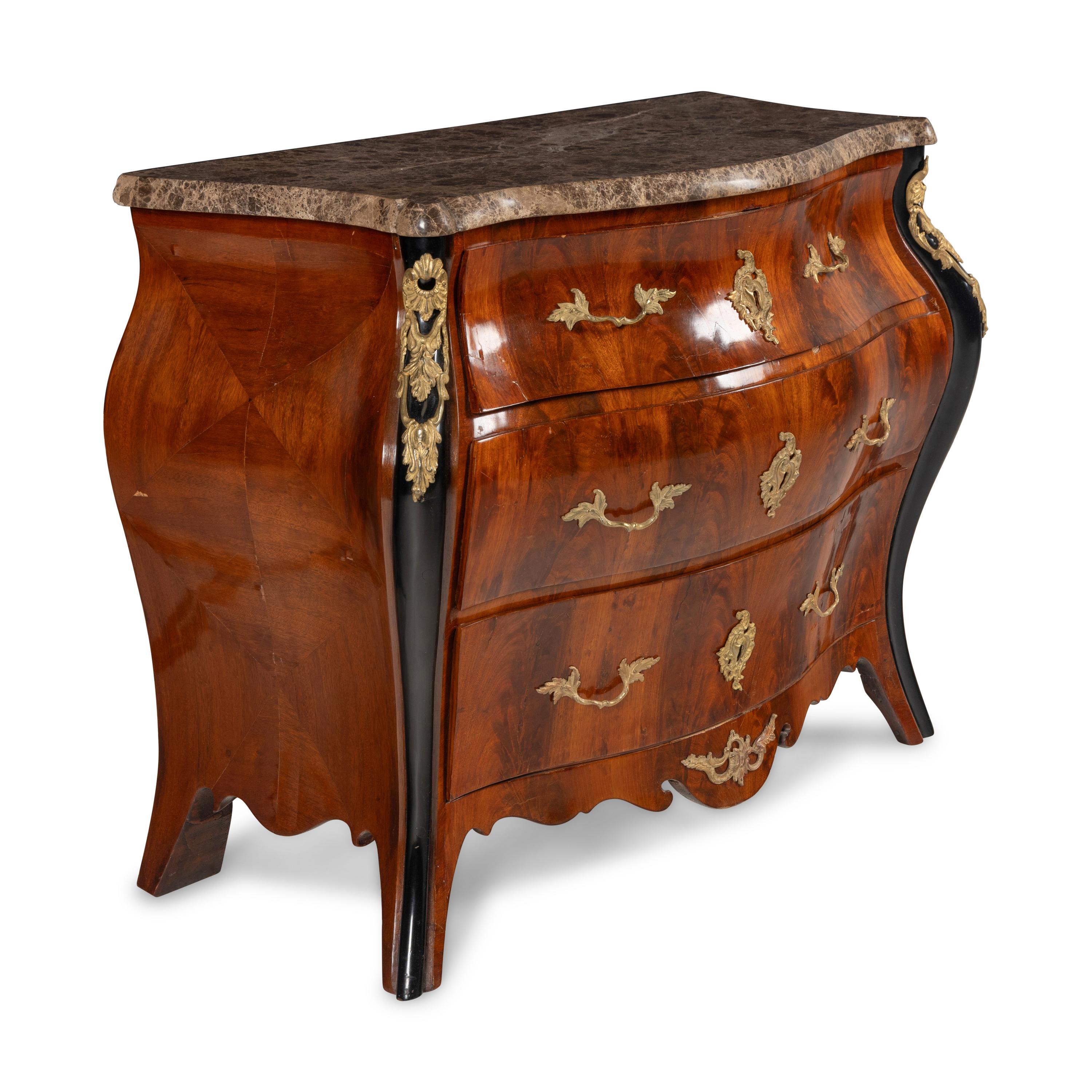 A Louis XV Style Gilt Bronze Mounted Part Ebonized Mahogany Marble-Top Bombé Chest of Drawers