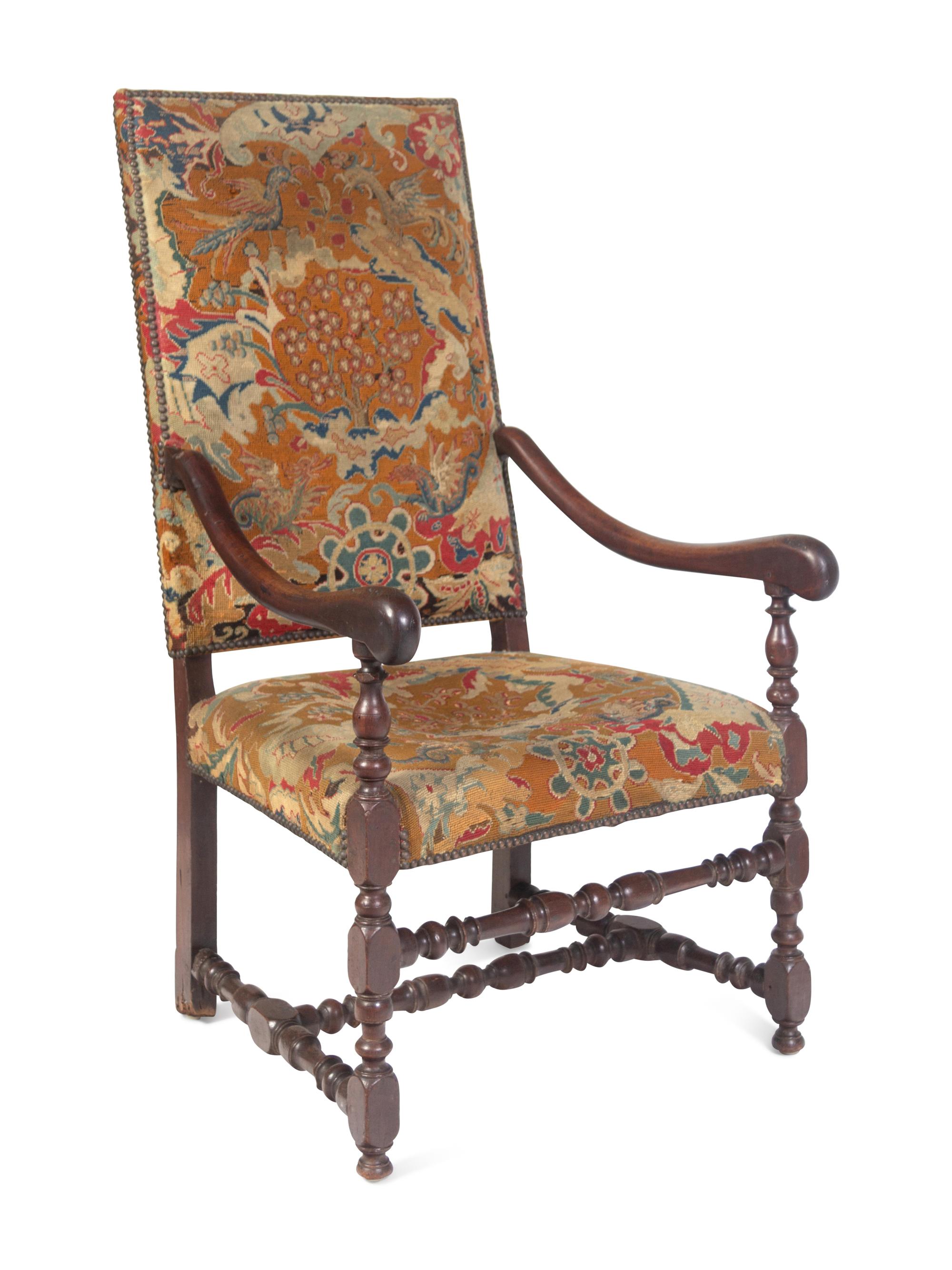 Two William and Mary Walnut Armchairs with Tapestry Upholstery