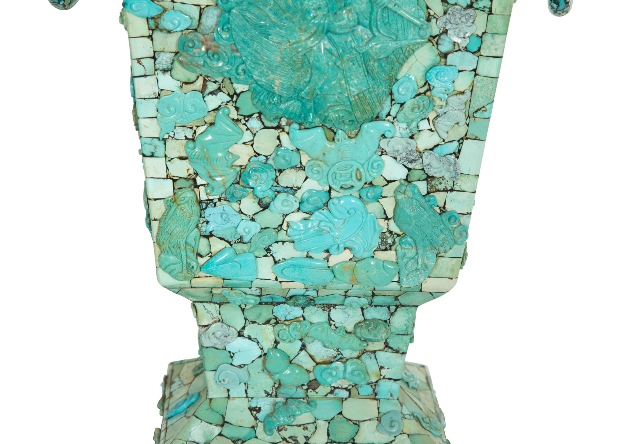 A Pair of Chinese Tessellated Hardstone Urns