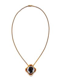 A Neoclassical Gold, Rubie, and Onyx Cameo Pendant with the Portrait Head of a Moore — with a gold chain