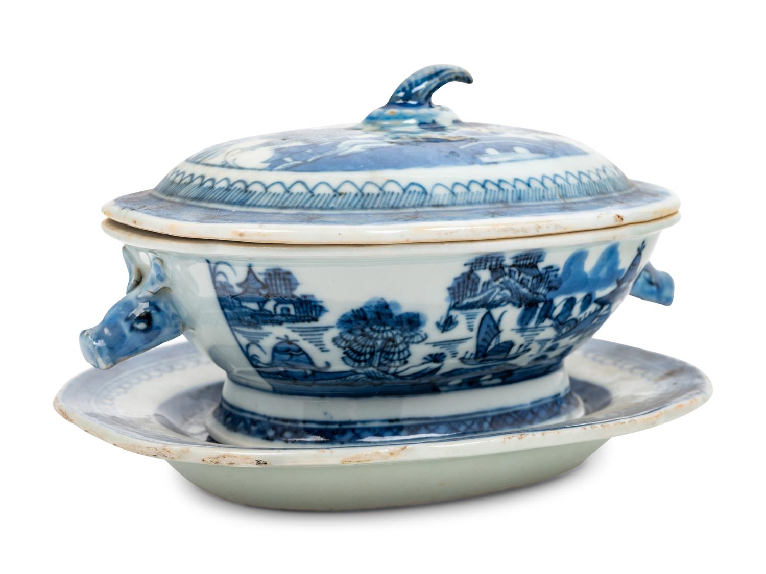 A Small Chinese Export Canton Blue and White Soup Tureen and Undertray