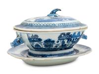 A Small Chinese Export Canton Blue and White Soup Tureen and Undertray