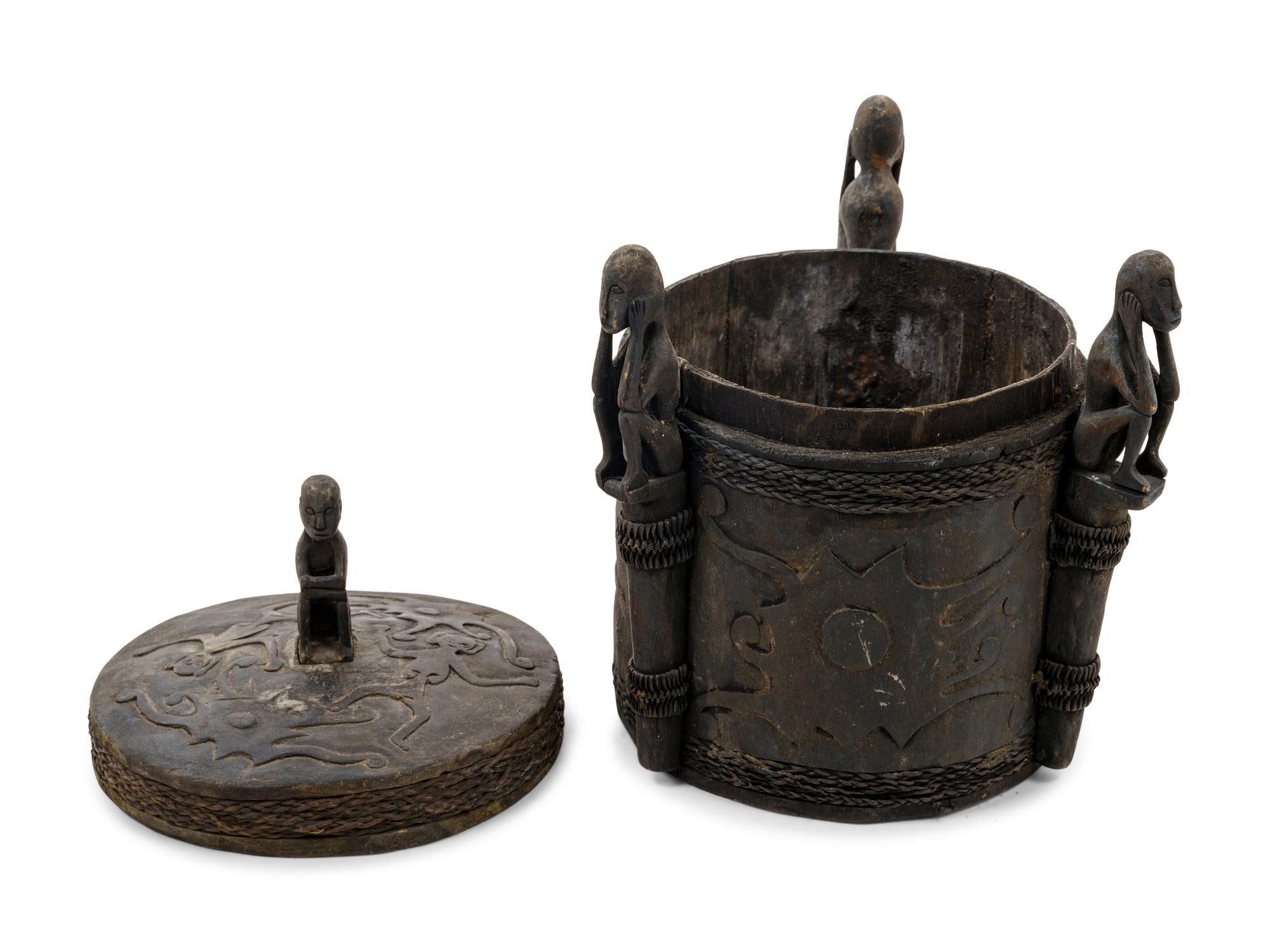 A Borneo Ceremonial Wood and Woven Wicker Lidded Pot