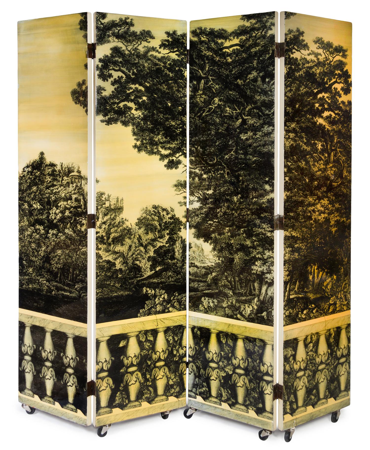 Piero Fornasetti (Italian, 1913-1988), FORNASETTI MILANO, c. 1950s, Bosco con Balaustra four-panel folding screen folding screen