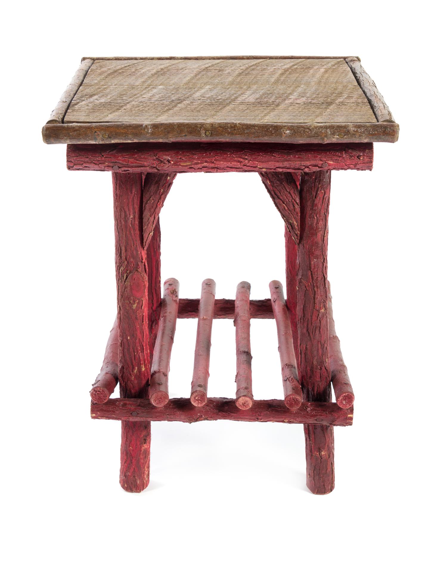 Two Painted Rustic Style Side Tables Height of tallest 28 1/2 x width 17 1/4 x depth 16 3/4 inches.