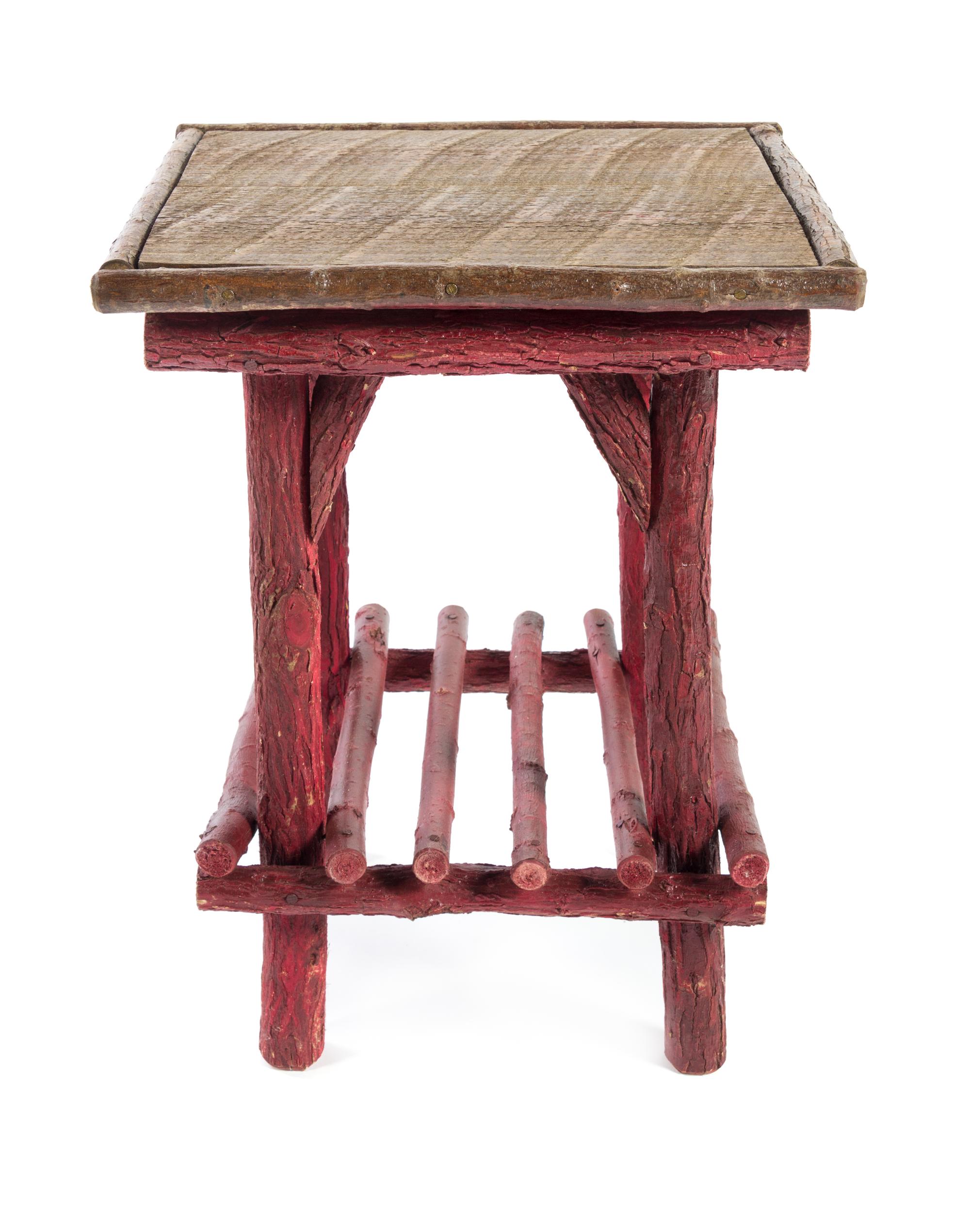 Two Painted Rustic Style Side Tables Height of tallest 28 1/2 x width 17 1/4 x depth 16 3/4 inches.