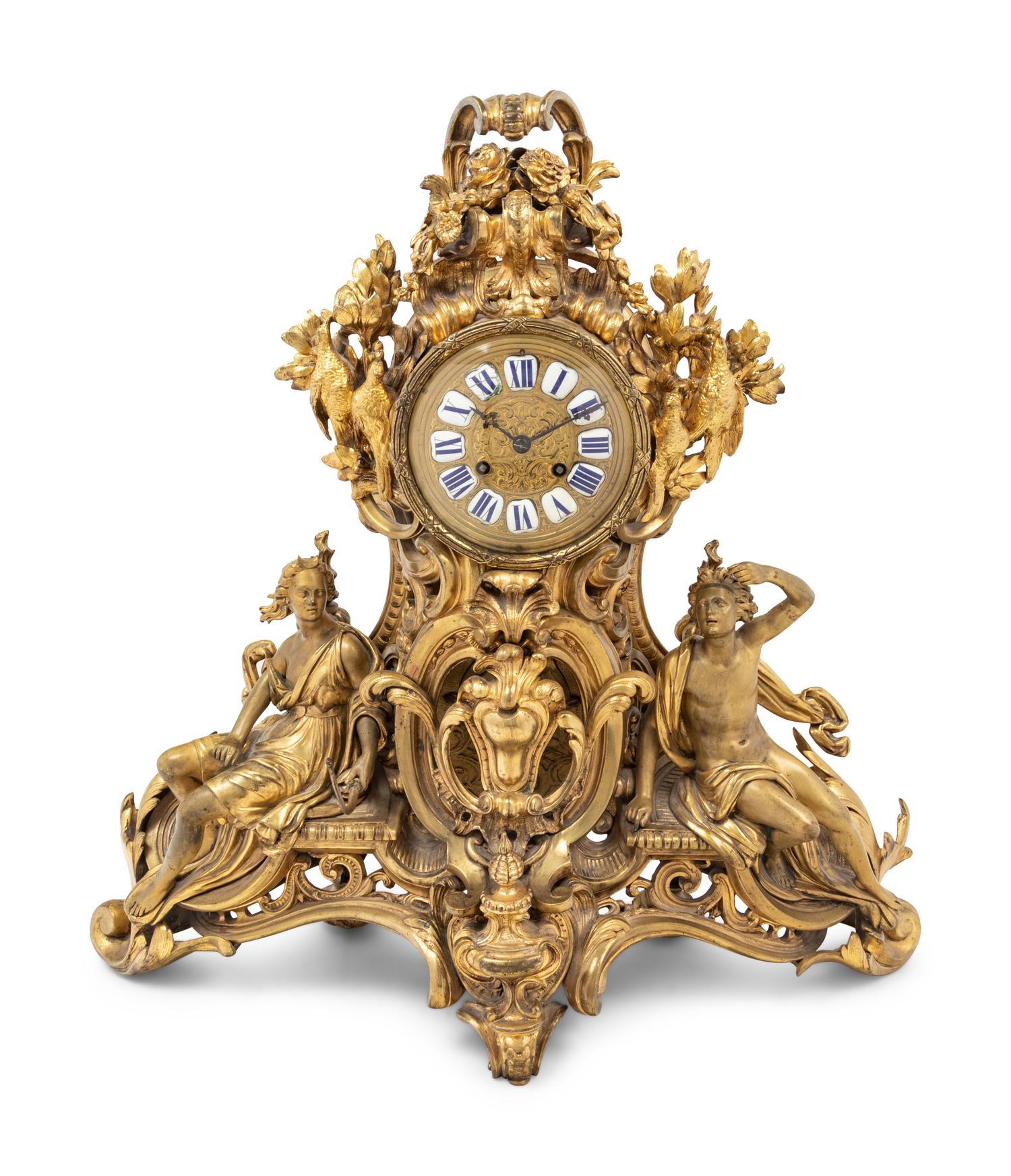 A Louis XV Style Gilt Bronze Figural Mantel Clock