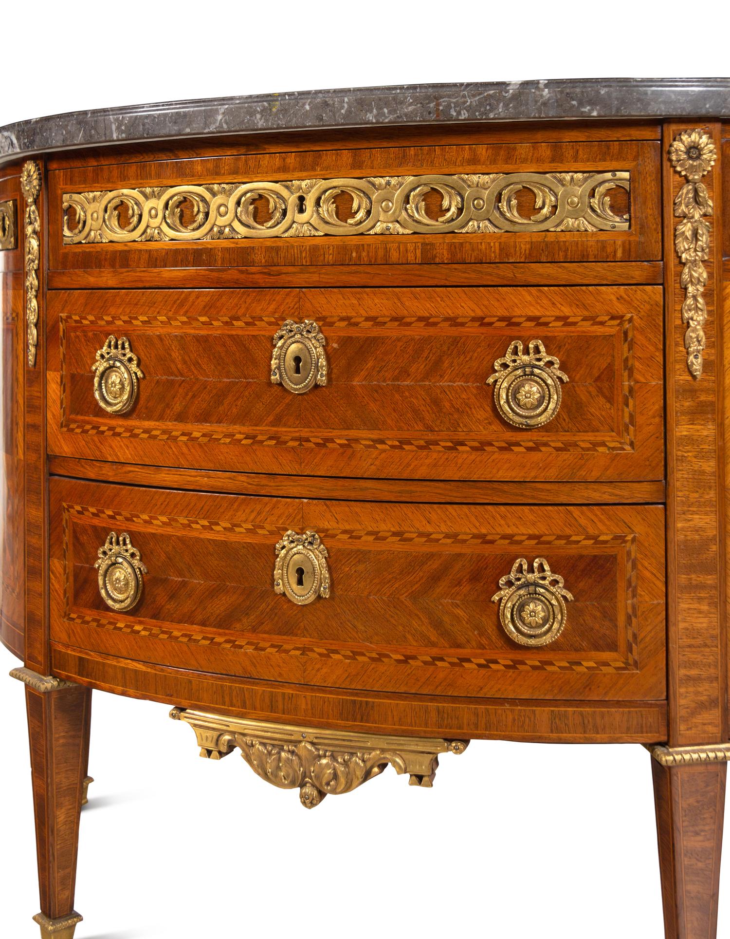 A Louis XVI Gilt Bronze Mounted Parquetry Marble-Top Commode