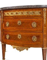 A Louis XVI Gilt Bronze Mounted Parquetry Marble-Top Commode