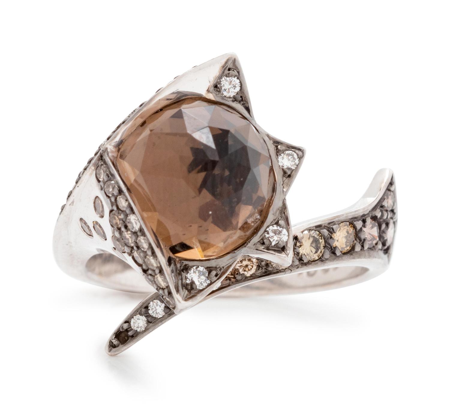 An 18 Karat White Gold, Smoky Quartz, Diamond and Colored Diamond Ring,