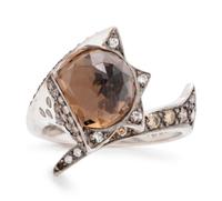 An 18 Karat White Gold, Smoky Quartz, Diamond and Colored Diamond Ring,