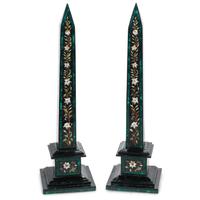 A Pair of Large Pietra Dura, Black Marble and Malachite Obelisks