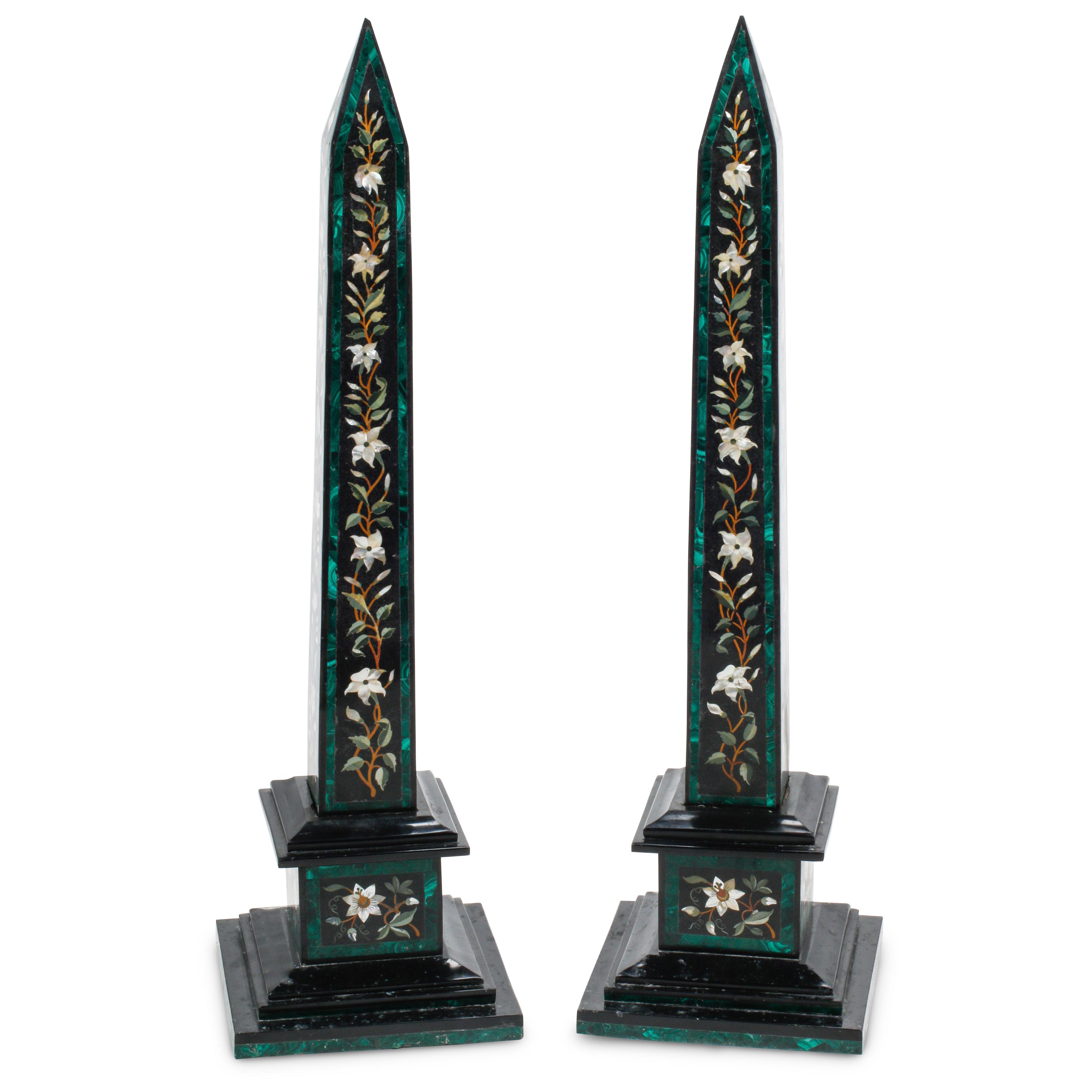 A Pair of Large Pietra Dura, Black Marble and Malachite Obelisks