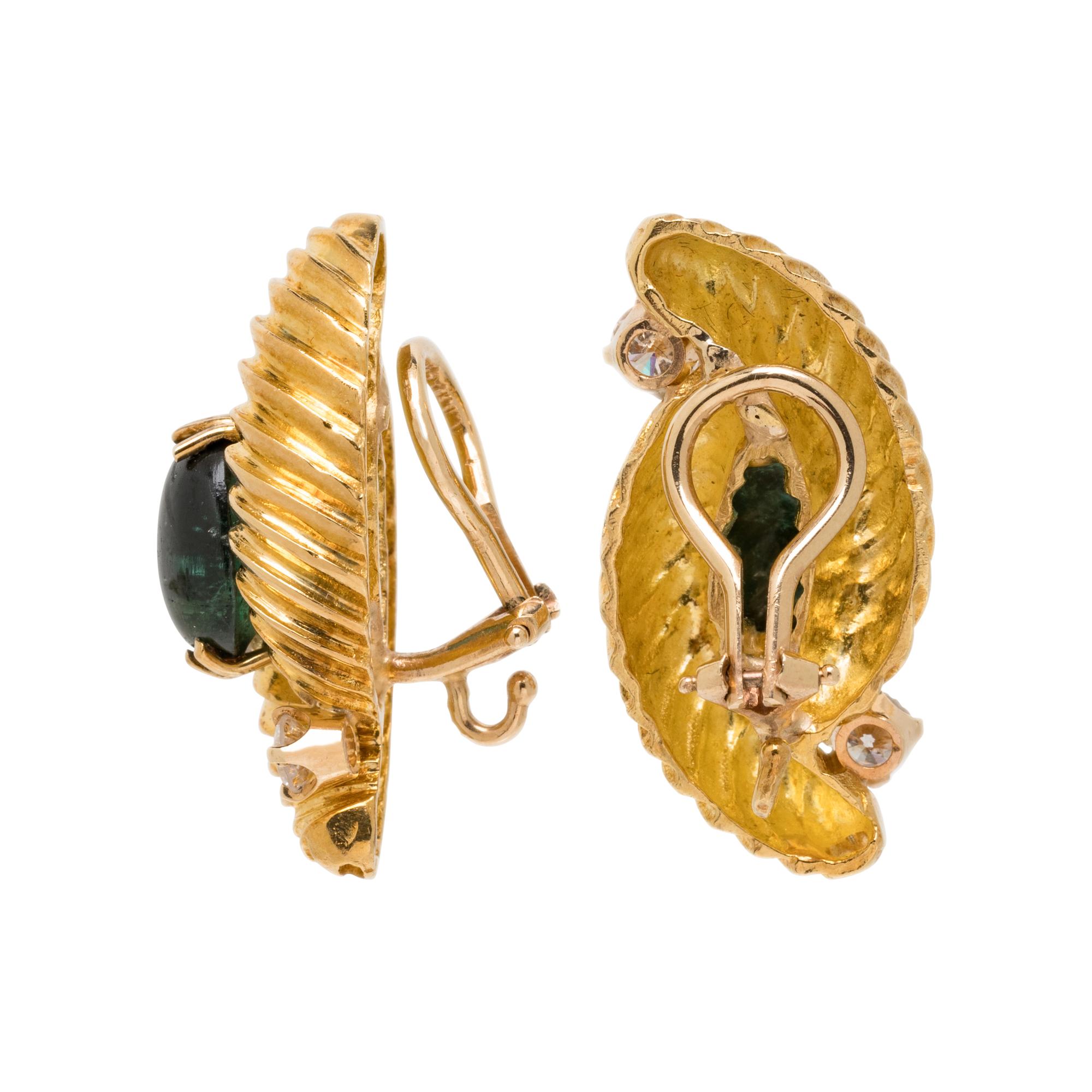 YELLOW GOLD, GREEN TOURMALINE, AND DIAMOND EARRINGS