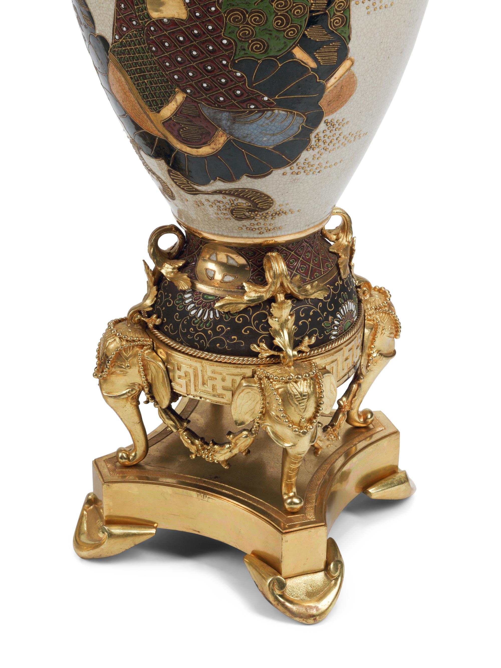 A Pair of Satsuma Porcelain and French Gilt Bronze Mounted Vases