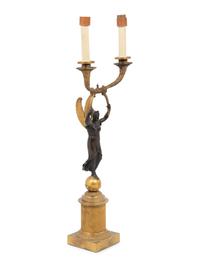 A Continental Gilt and Patinated Bronze Figural Two-Light Candelabrum Mounted as a Lamp