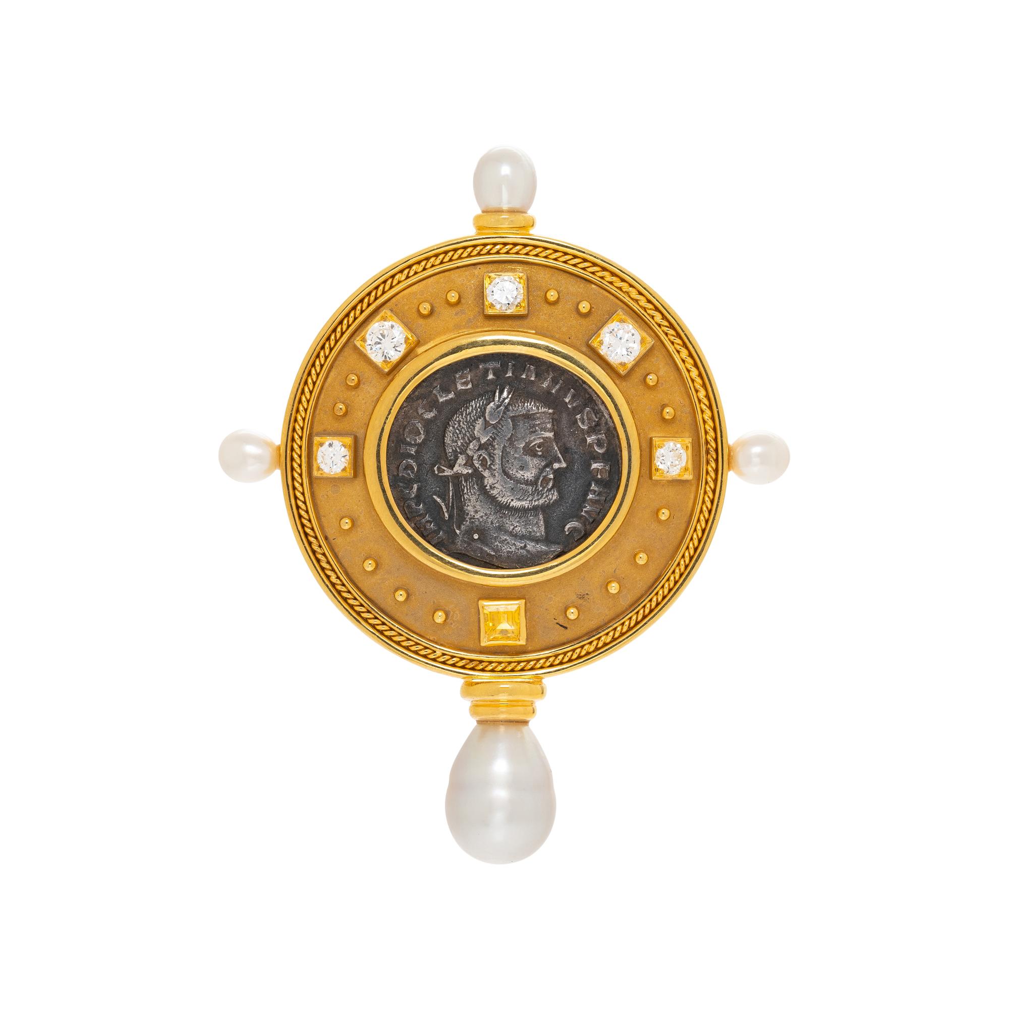COIN, DIAMOND, CULTURED PEARL, AND YELLOW GOLD BROOCH