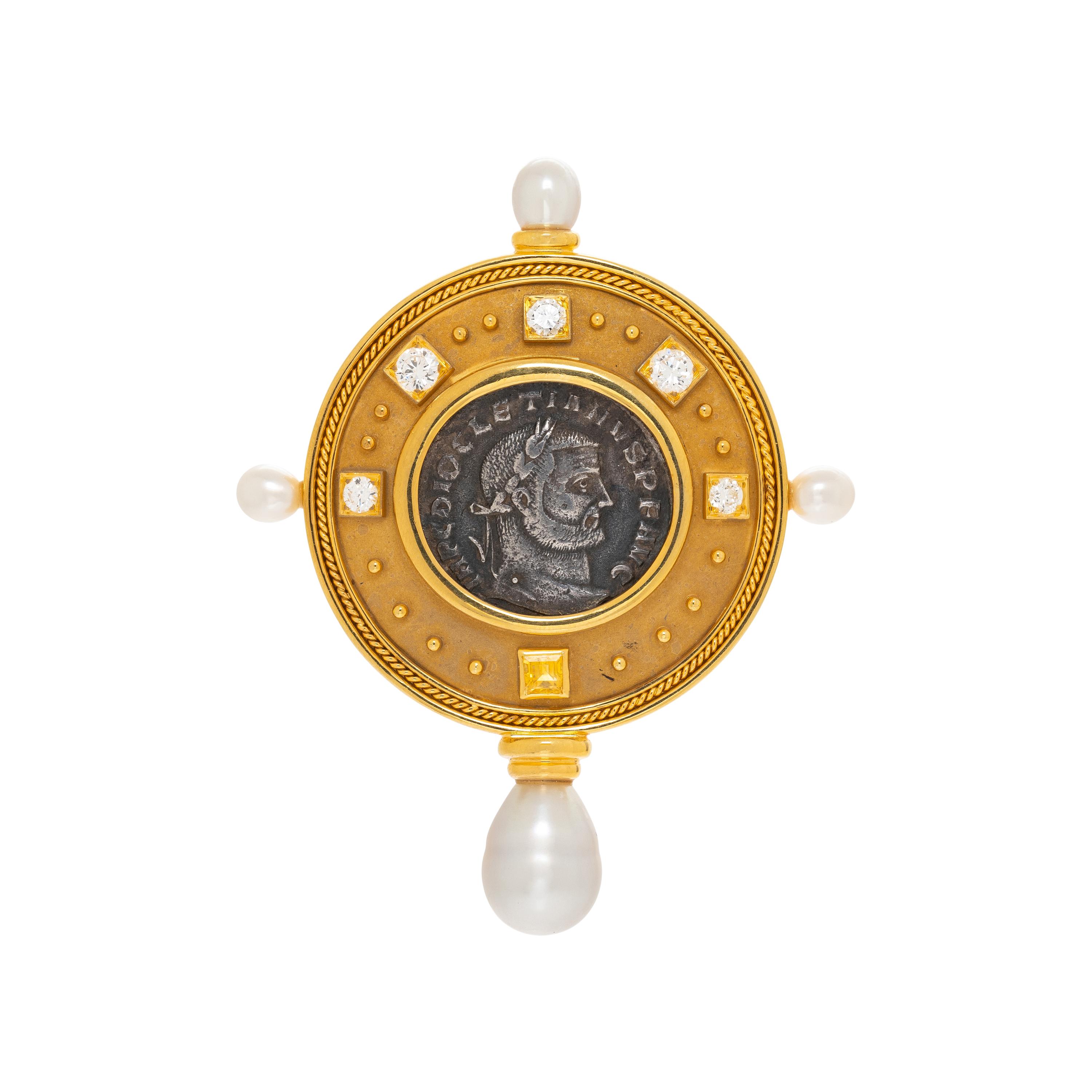 COIN, DIAMOND, CULTURED PEARL, AND YELLOW GOLD BROOCH