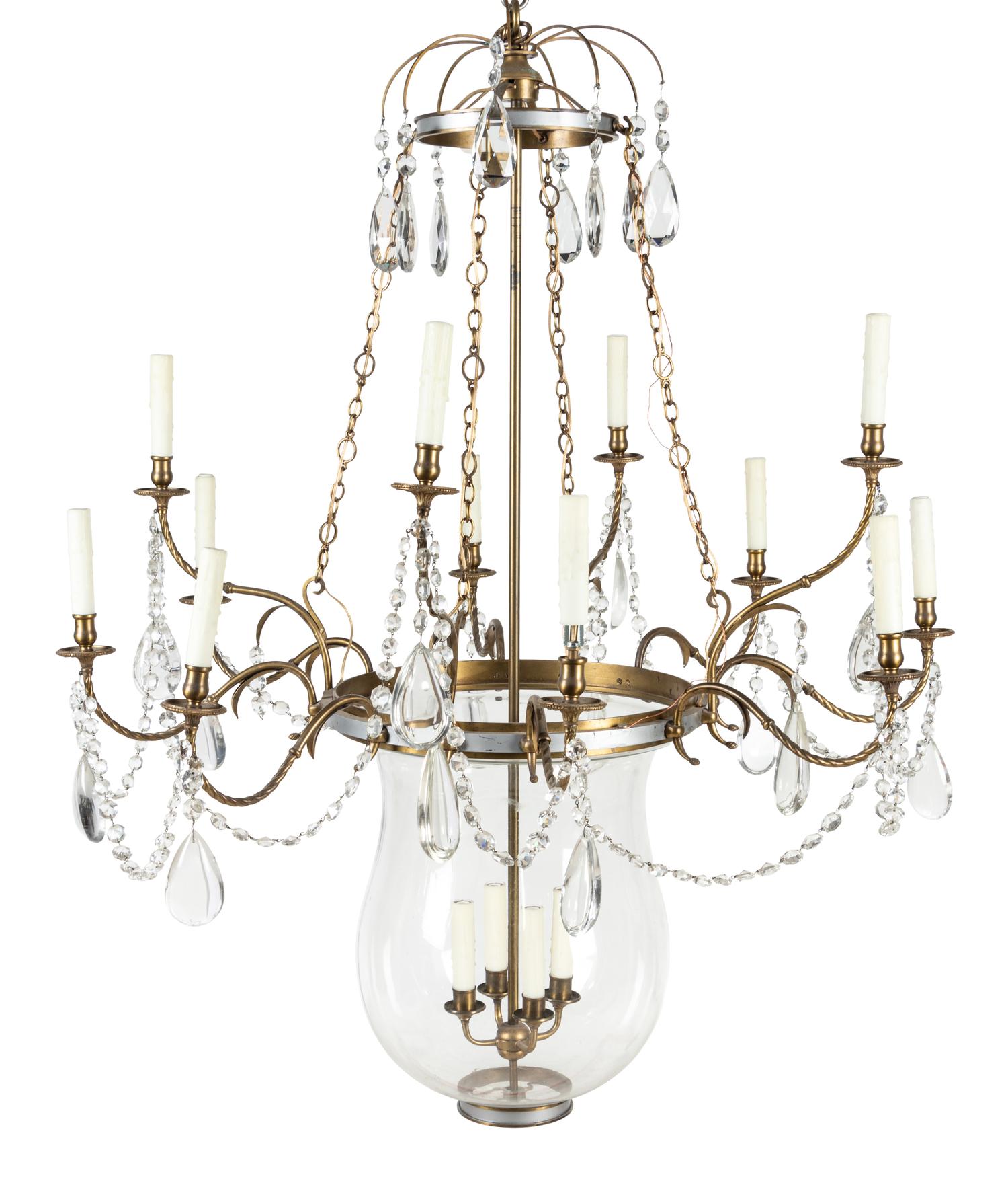 A French Brass and Glass Twelve-Light Chandelier with a Bell-Form Lantern