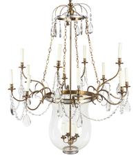 A French Brass and Glass Twelve-Light Chandelier with a Bell-Form Lantern