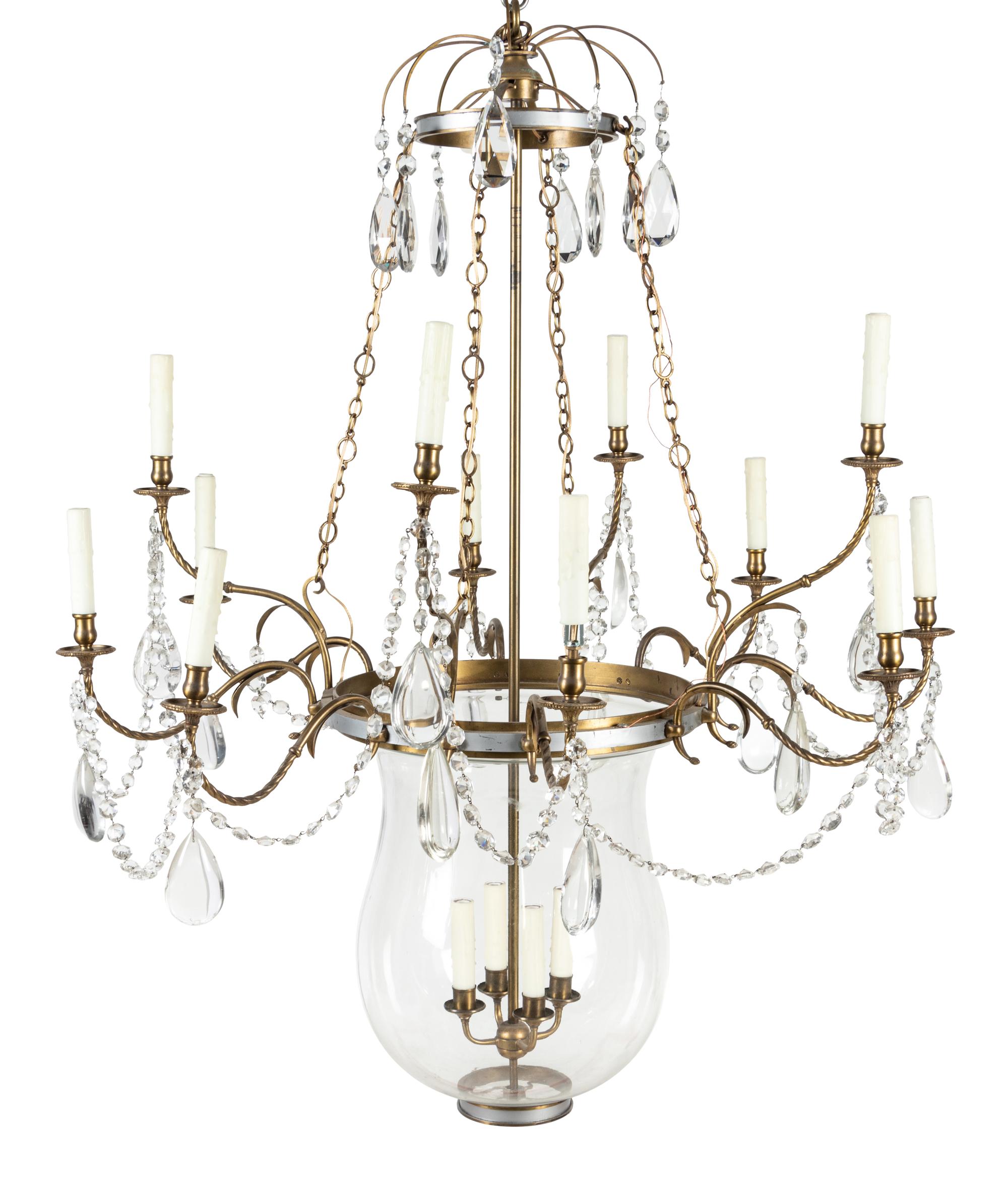 A French Brass and Glass Twelve-Light Chandelier with a Bell-Form Lantern