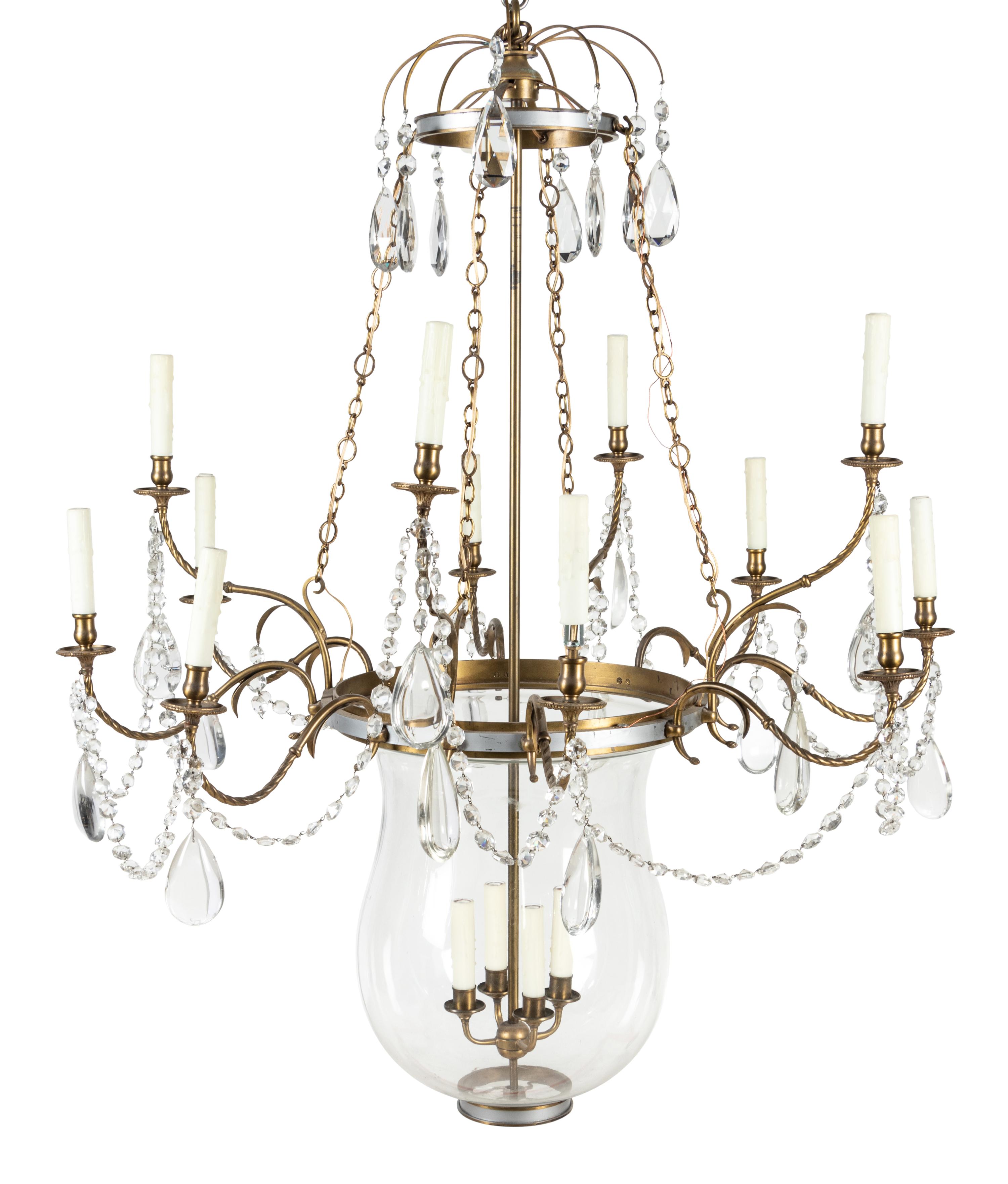 A French Brass and Glass Twelve-Light Chandelier with a Bell-Form Lantern
