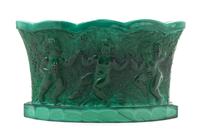 A Bohemian Malachite Glass Jardiniere Height 7 3/4 x width 13 1/2 inches.