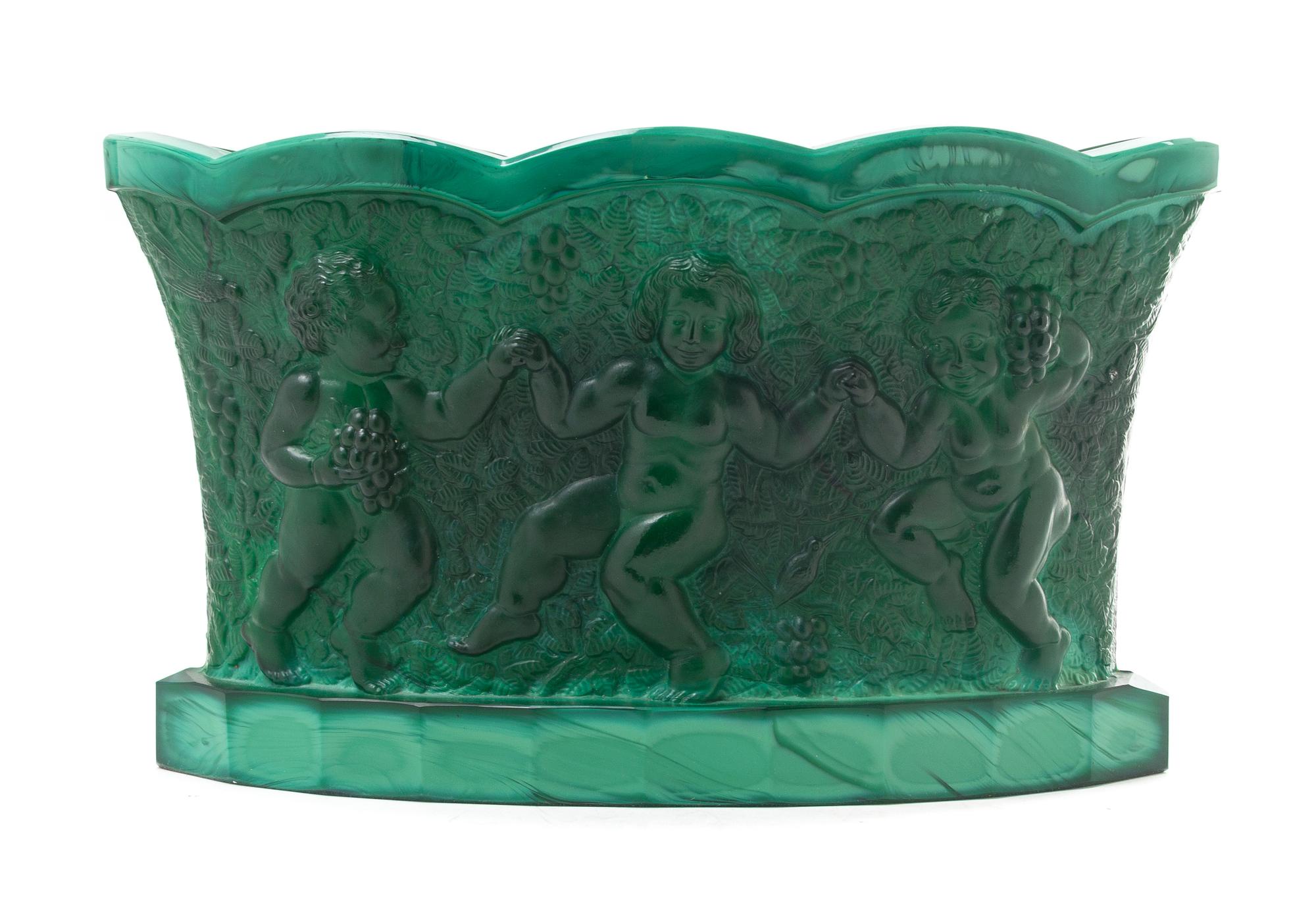A Bohemian Malachite Glass Jardiniere Height 7 3/4 x width 13 1/2 inches.