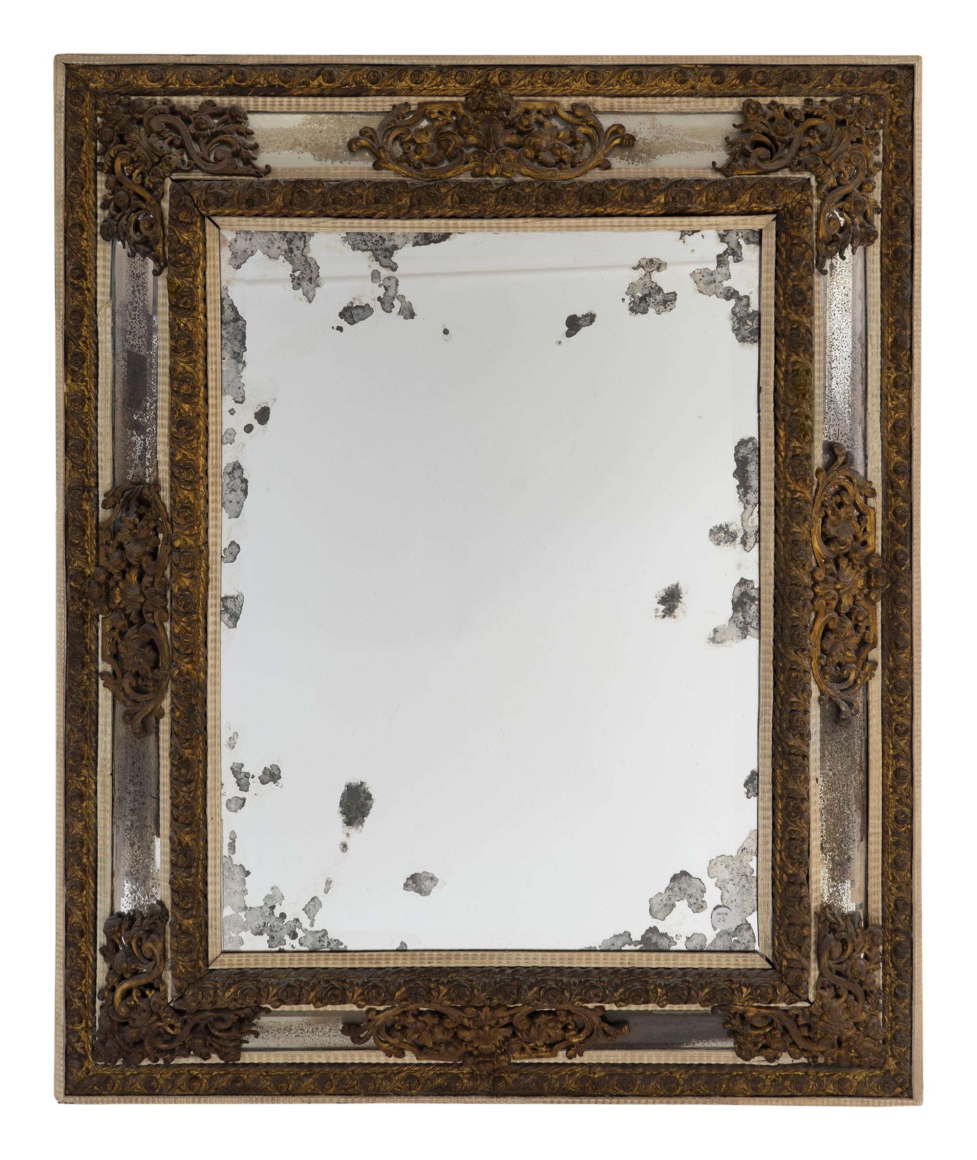 A Venetian Style Repousse Brass Mounted Cushion Frame Mirror — 20TH CENTURY