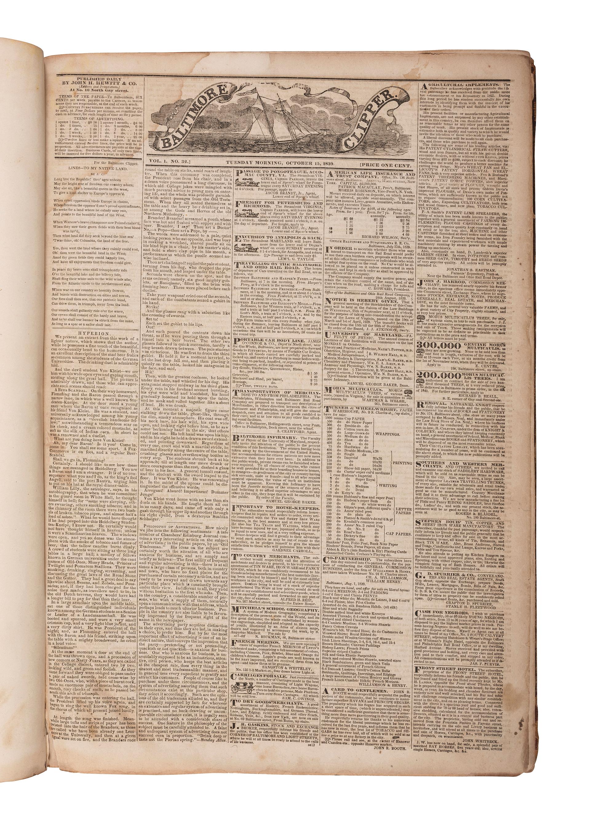 [NEWSPAPERS -- BALTIMORE]. The Baltimore Clipper. Bound volume, 122 issues, October 1839-March 1840.