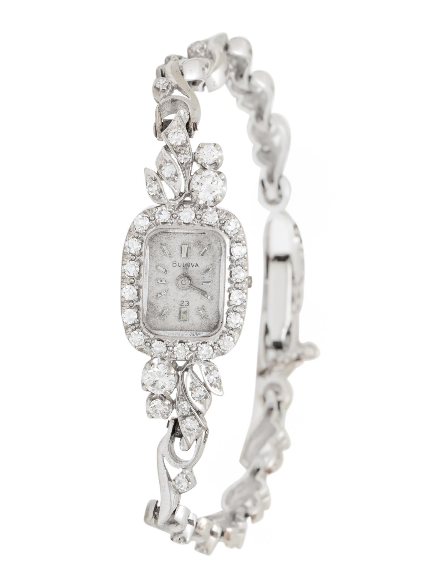 BULOVA, 14K WHITE GOLD AND DIAMOND WATCH